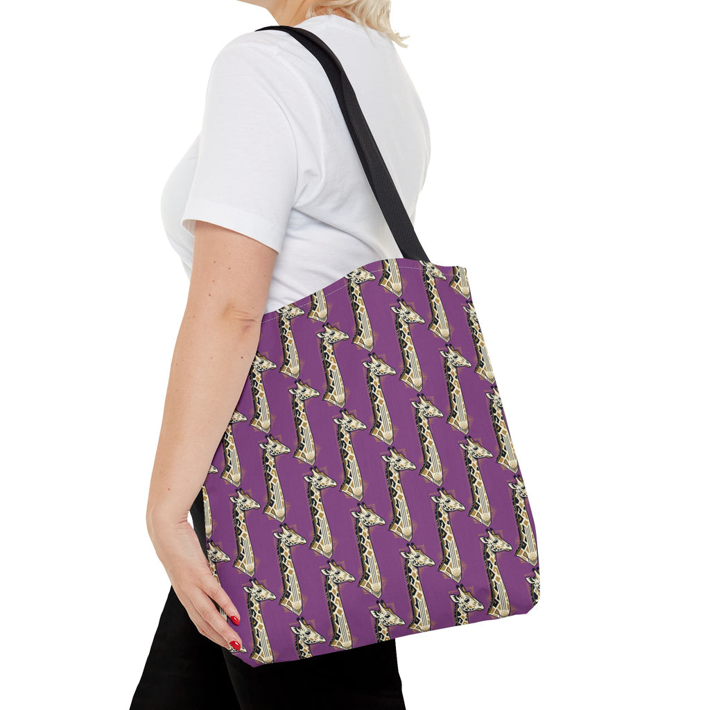 Purple tote bag with saxophone pattern, black shoulder straps.