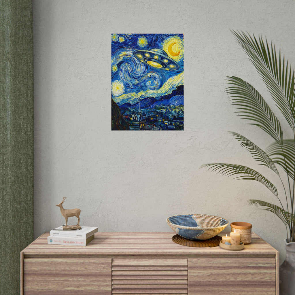 Square framed poster of a glowing UFO above a blue landscape with yellow moon circles