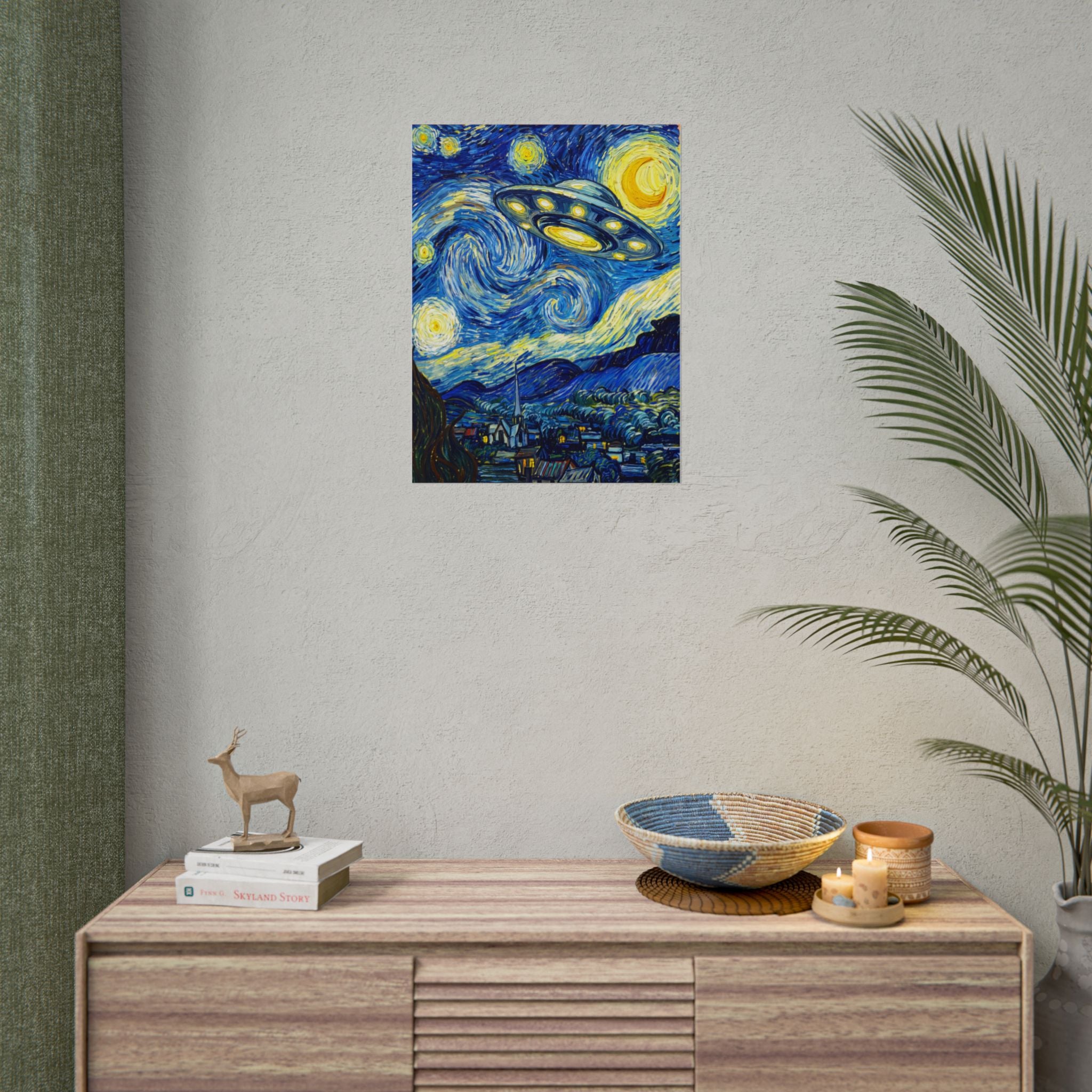 Square framed poster of a glowing UFO above a blue landscape with yellow moon circles