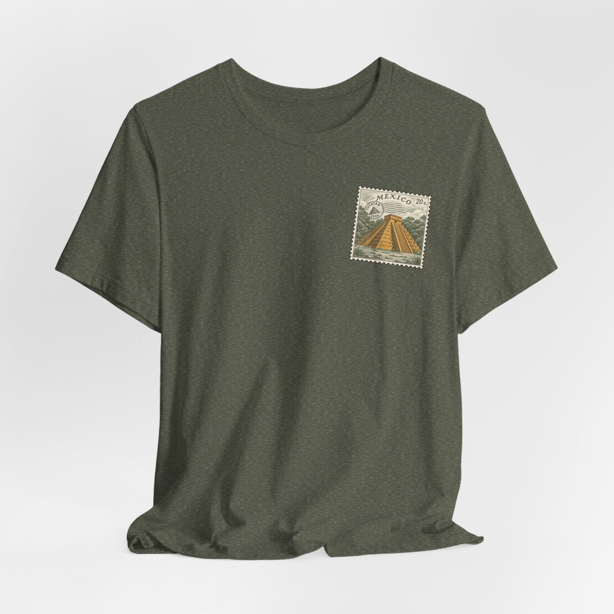 Olive heather crewneck T-shirt with small Mexico postage stamp graphic on chest