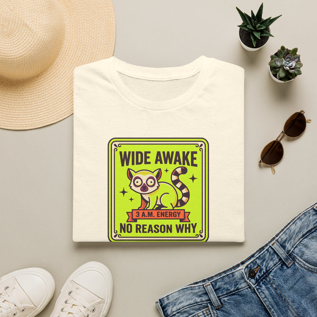 White crew-neck cat energy T-shirt with "Wide Awake 3 A.M. Energy" front graphic