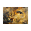 Horizontal shipwreck scene poster with golden glow, eye-like face, and dark sailboat