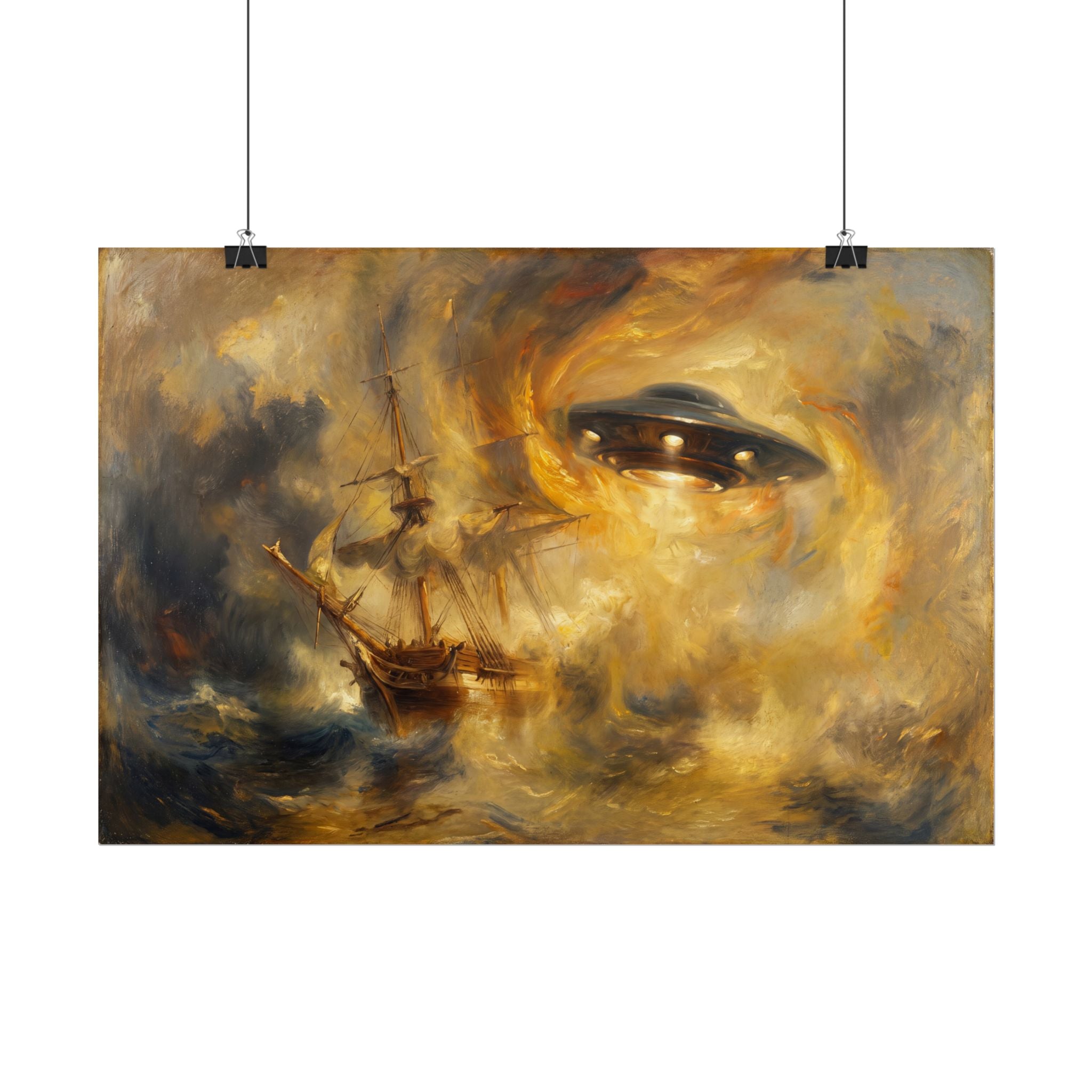 Horizontal shipwreck scene poster with golden glow, eye-like face, and dark sailboat