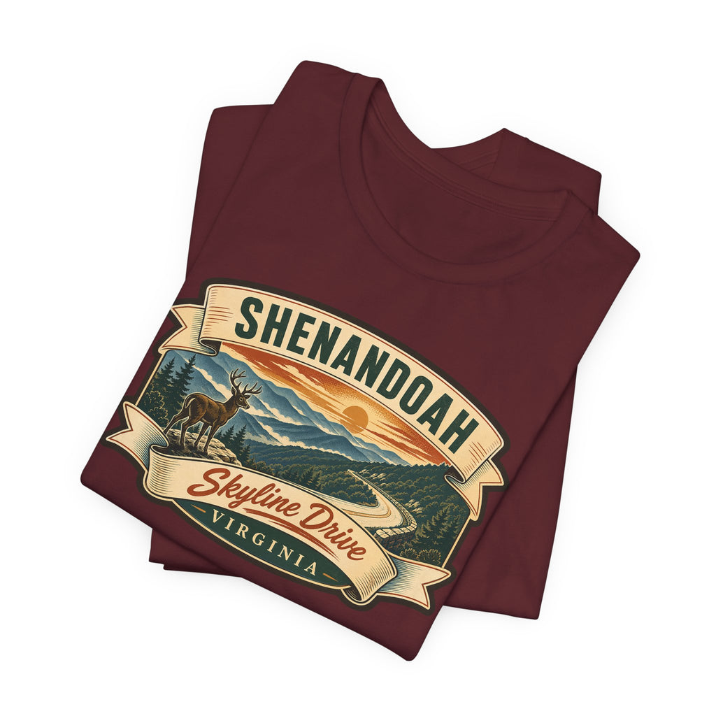 Burgundy crew-neck tee with Shenandoah Skyline Drive badge graphic print