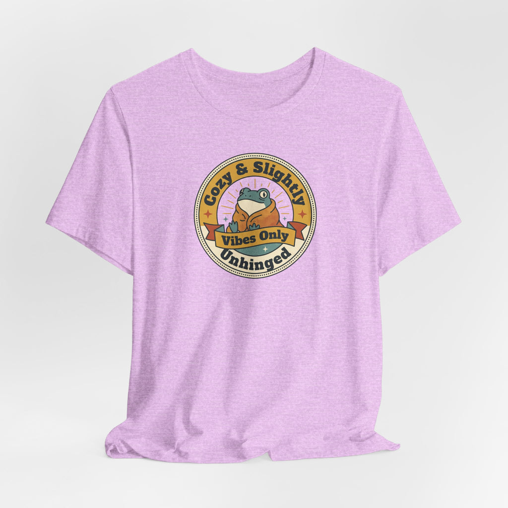 Lavender crewneck T-shirt with circular sloth graphic badge