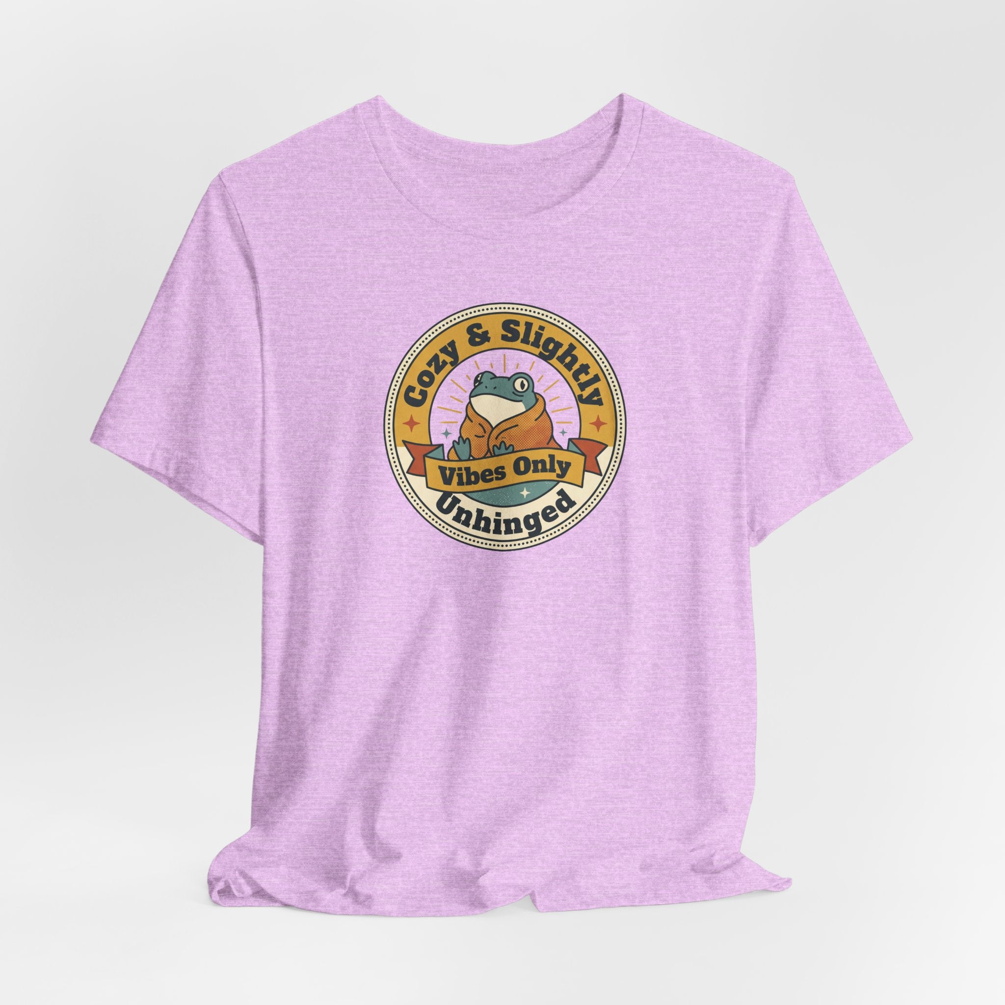 Lavender crewneck T-shirt with circular sloth graphic badge