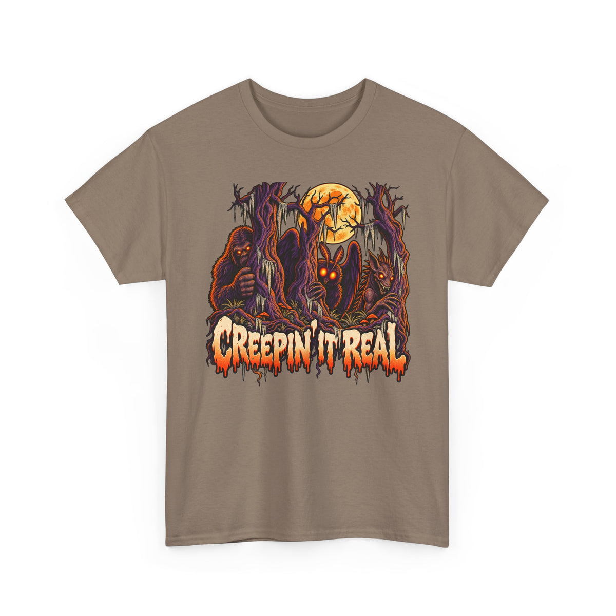 Halloween monster graphic T-shirt in taupe with orange skull and dark claw artwork