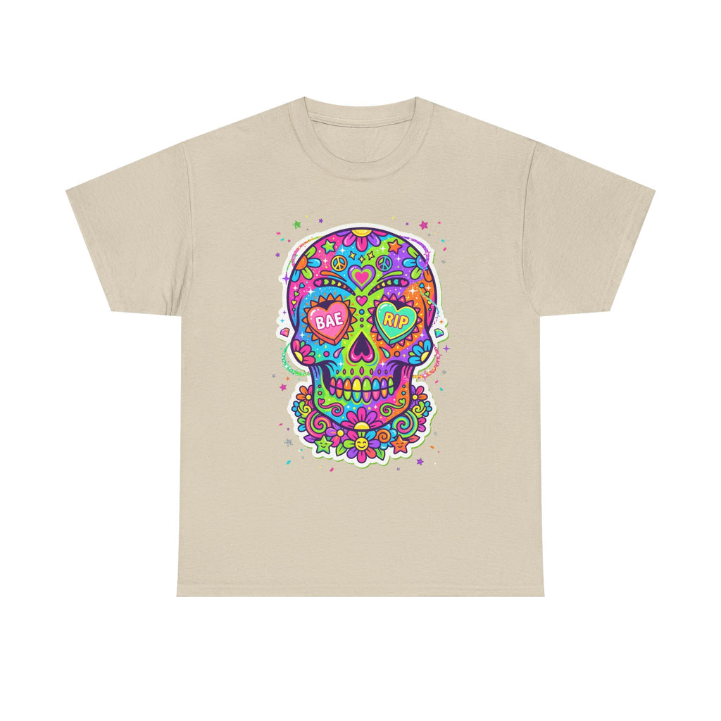 Natural T-shirt with colorful sugar skull face graphic and BAE & RIP hearts