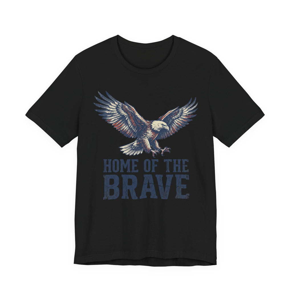 Black T-shirt with bald eagle graphic and “Home of the Brave” text