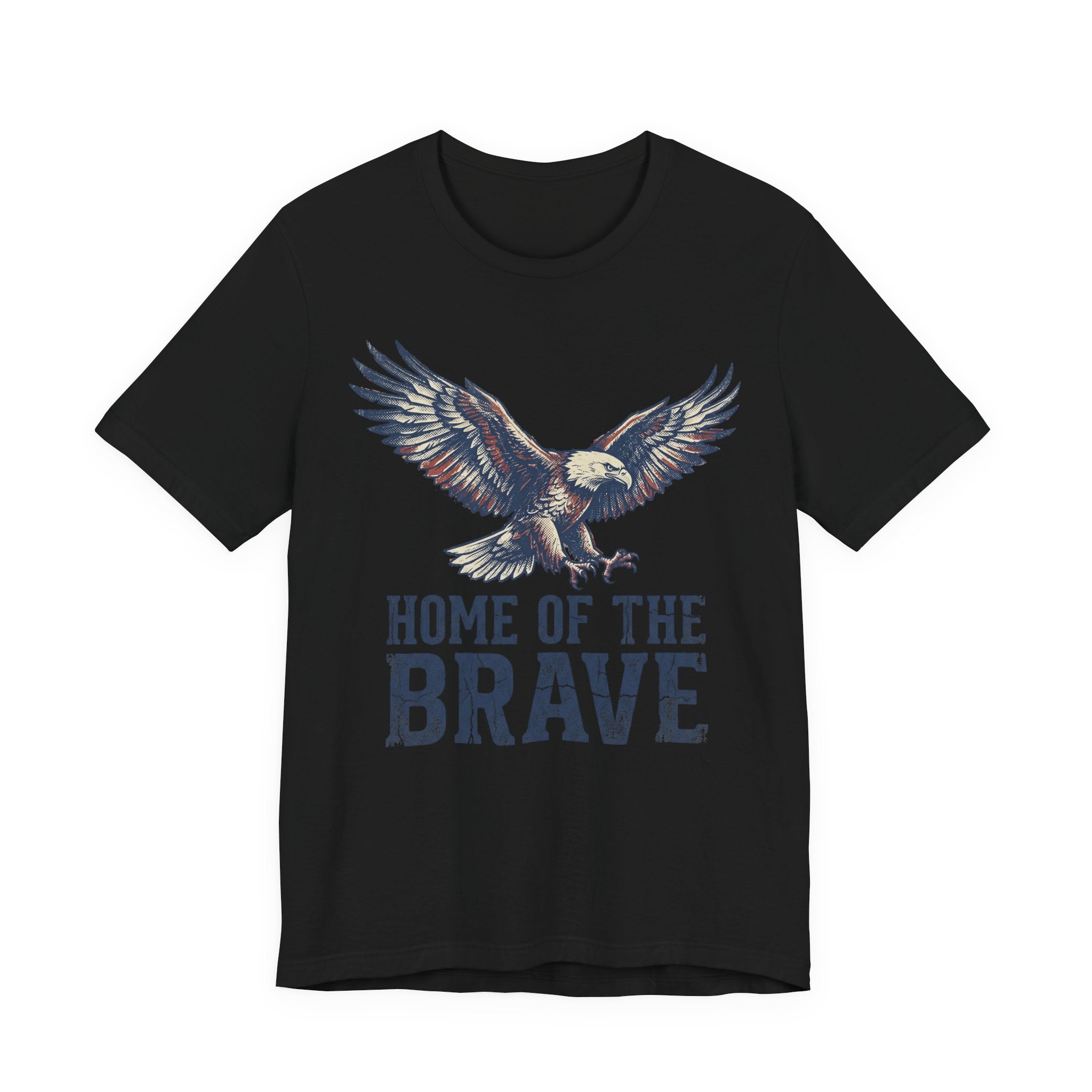 Black T-shirt with bald eagle graphic and “Home of the Brave” text