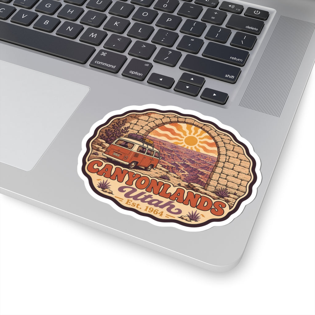 Canyonlands Utah sticker featuring red camper van and stone arch with Est. 1964