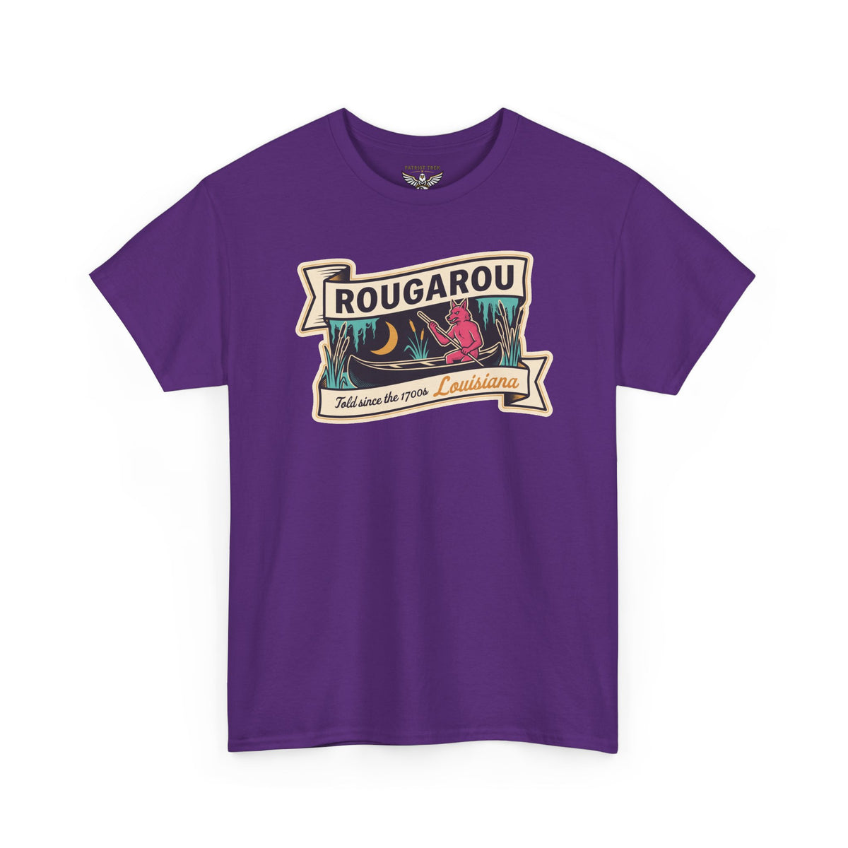 Purple T-shirt with Rougarou vintage travel patch graphic on the front