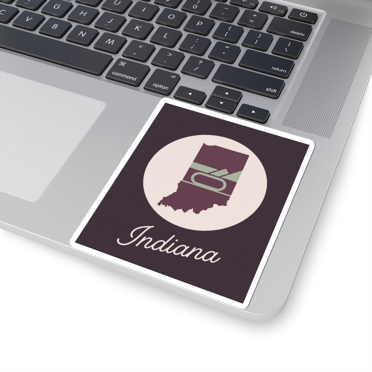Square white-bordered vinyl decal showing Indiana silhouette in a white circle and “Indiana” script