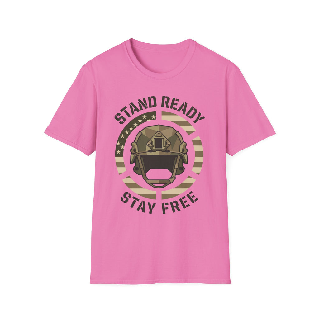 Hot pink crew-neck T-shirt with circular camo helmet graphic and “STAND READY STAY FREE” text