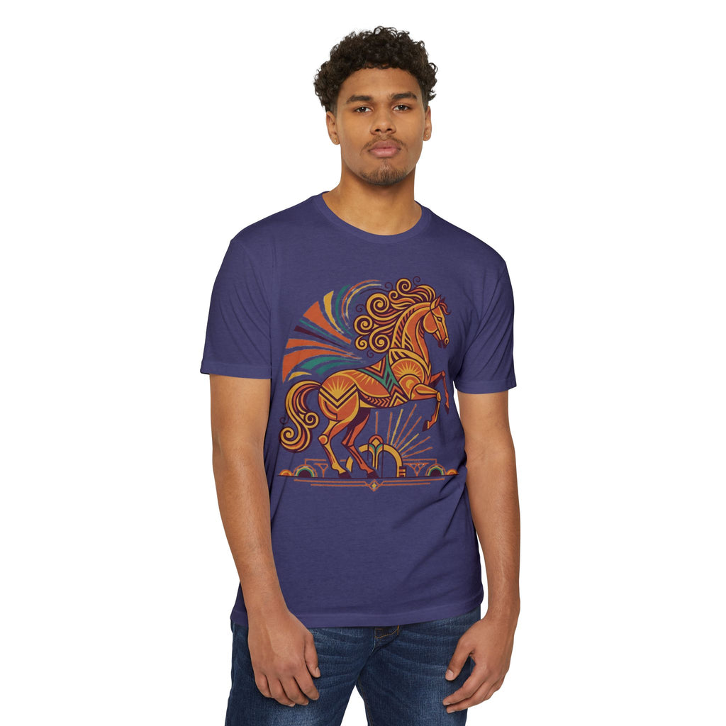 Purple unisex T-shirt with colorful prancing horse graphic on chest.