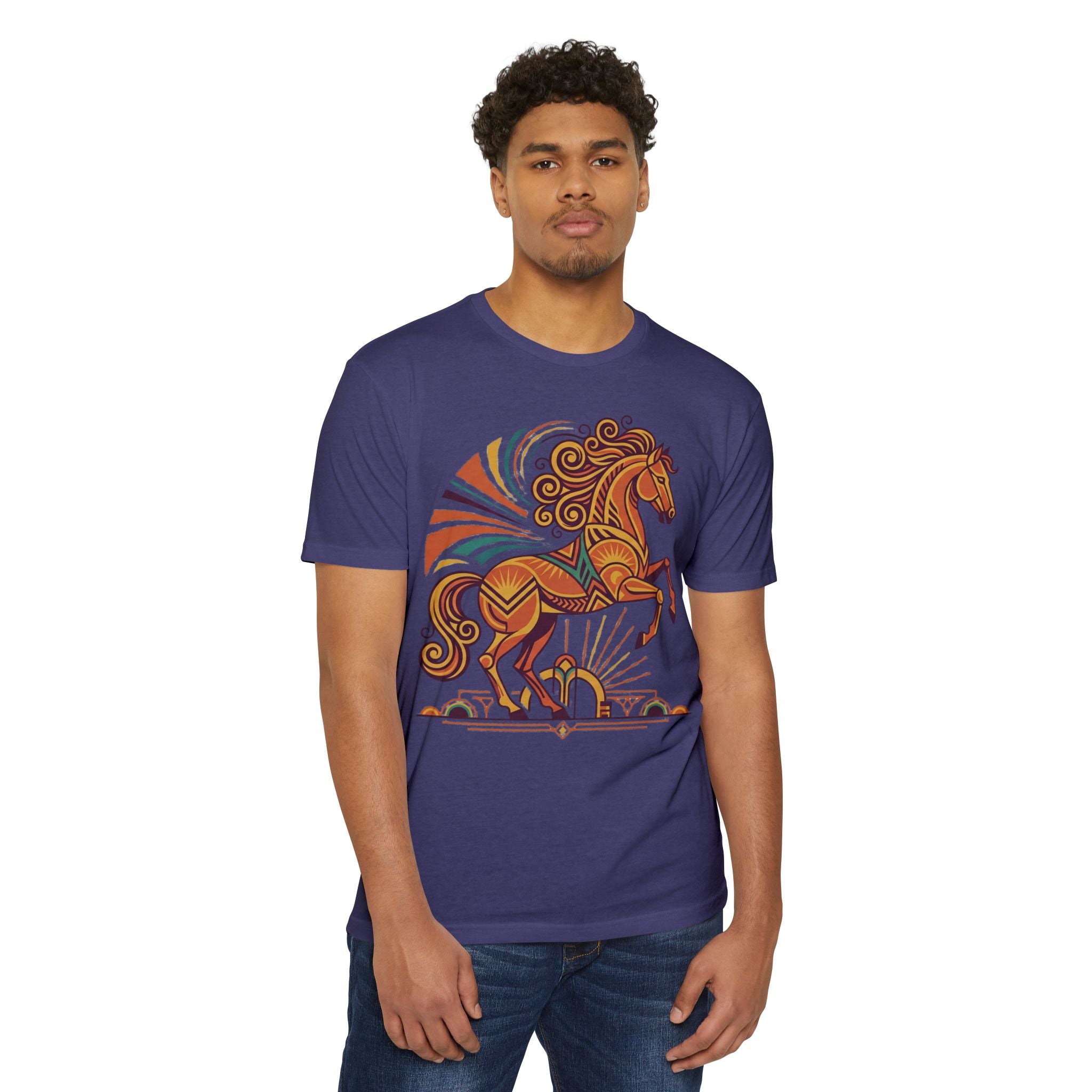 Purple unisex T-shirt with colorful prancing horse graphic on chest.