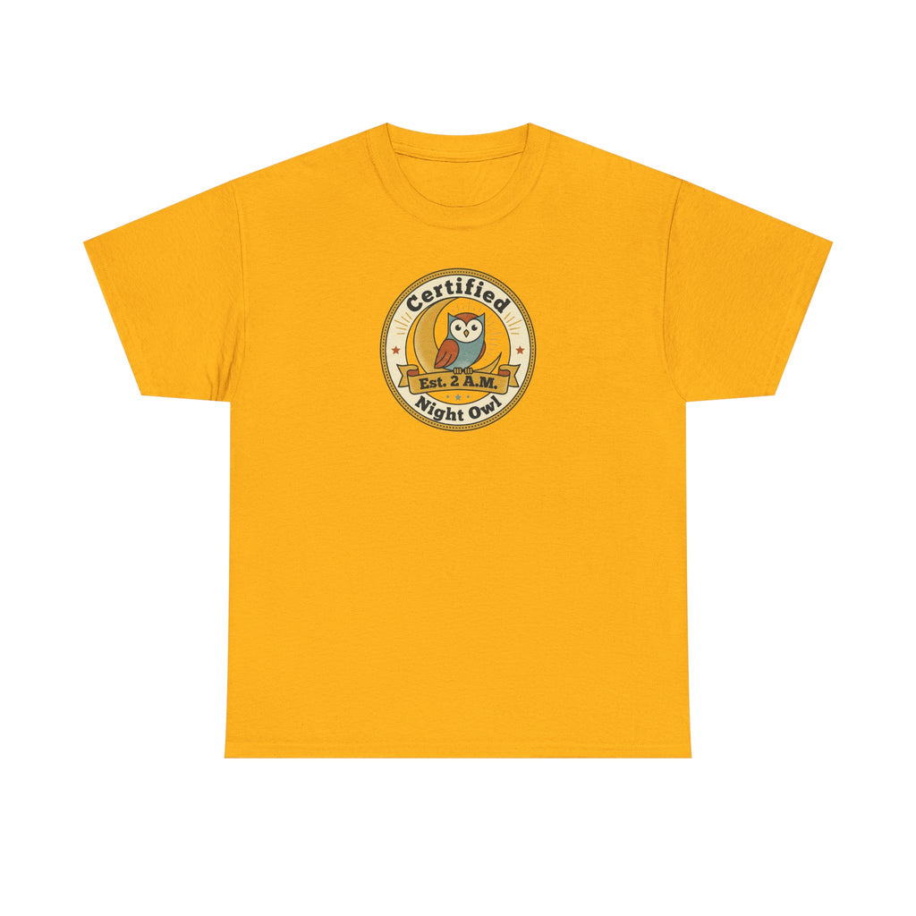 Yellow crewneck T-shirt with round owl badge print on chest