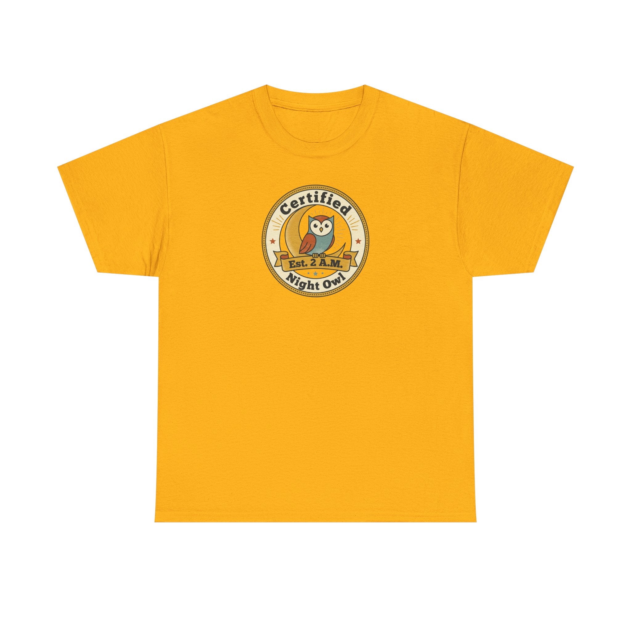 Yellow crewneck T-shirt with round owl badge print on chest