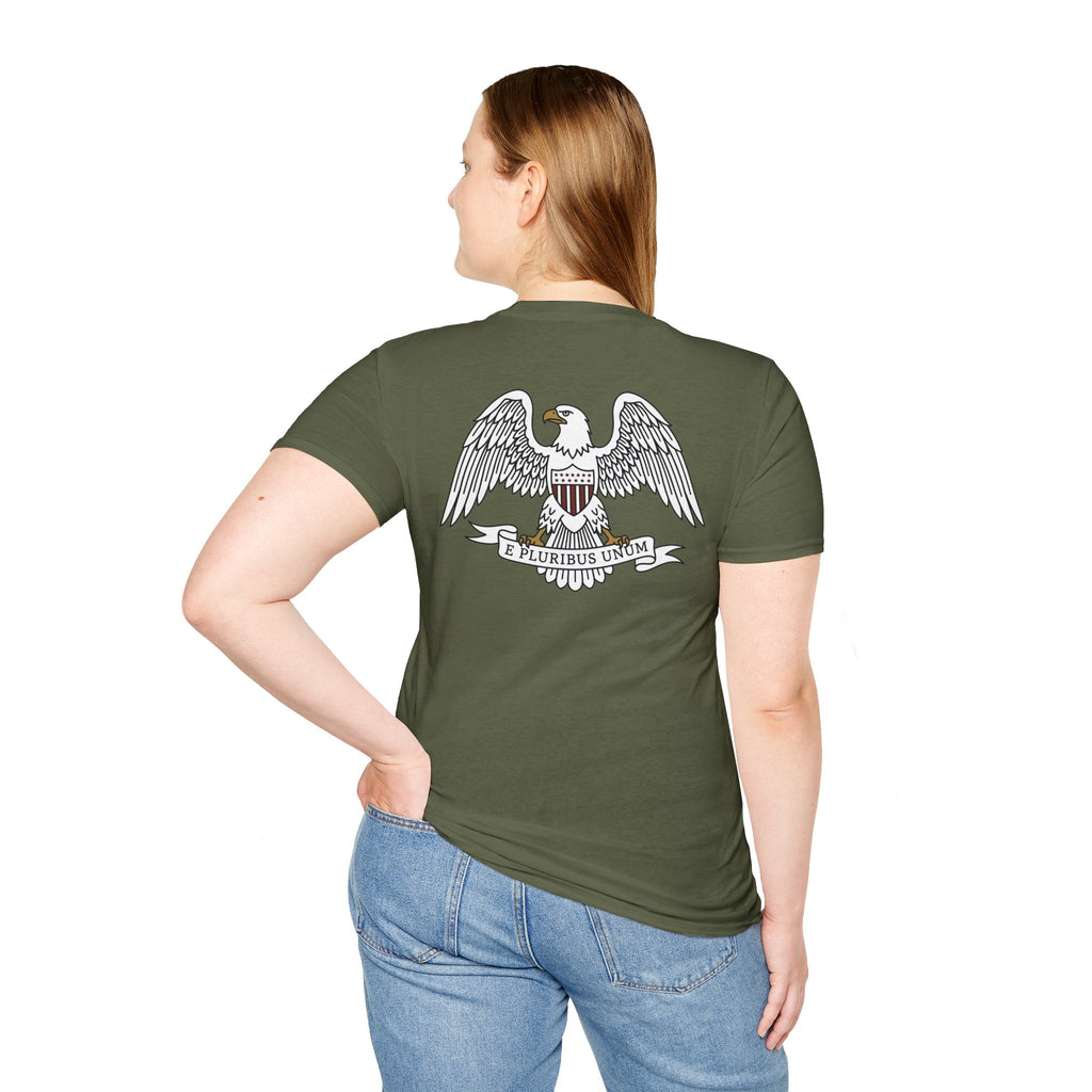 Olive green T-shirt, shield eagle graphic on back with “E Pluribus Unum” text.