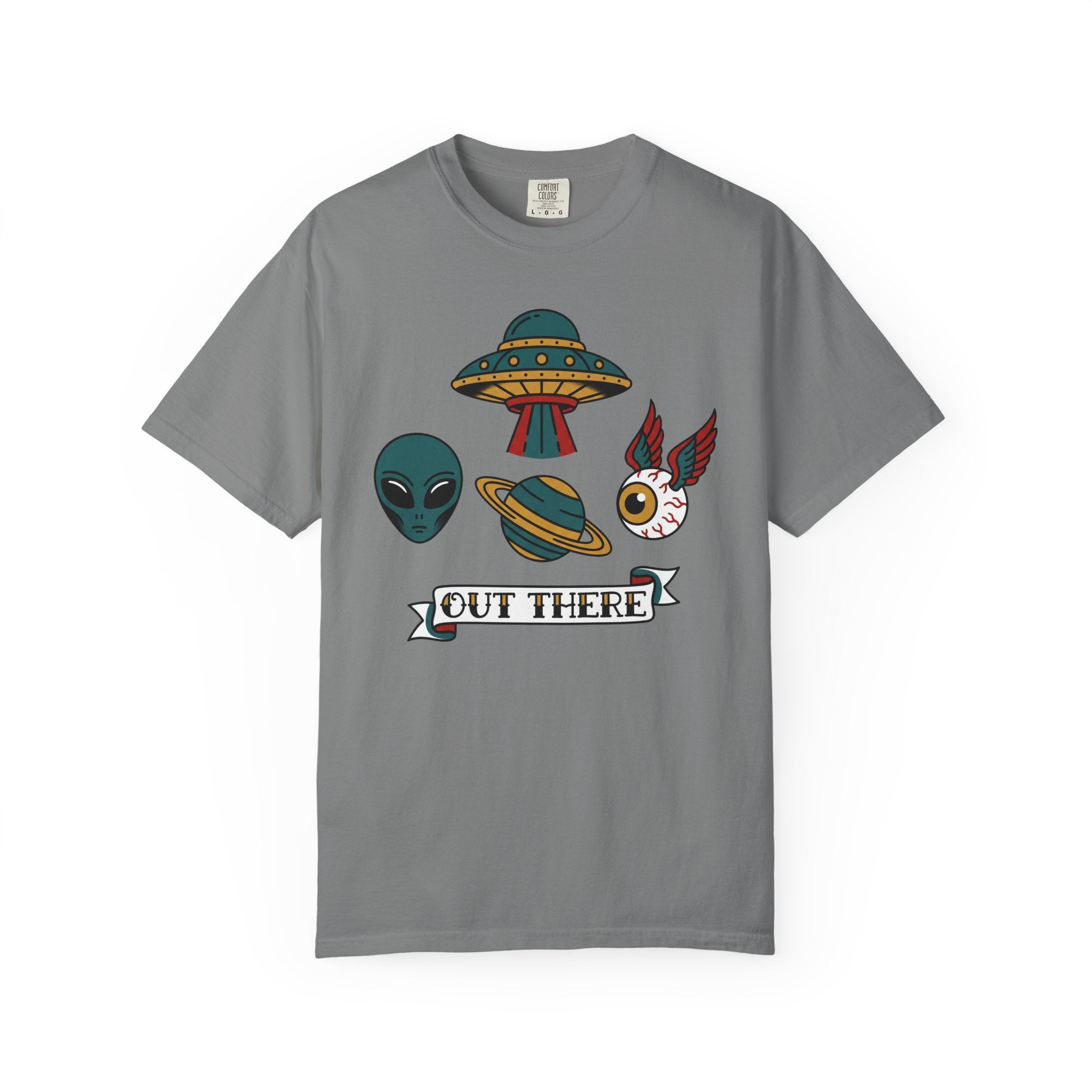 Medium gray T-shirt with alien, UFO, and “OUT THERE” banner graphic at center