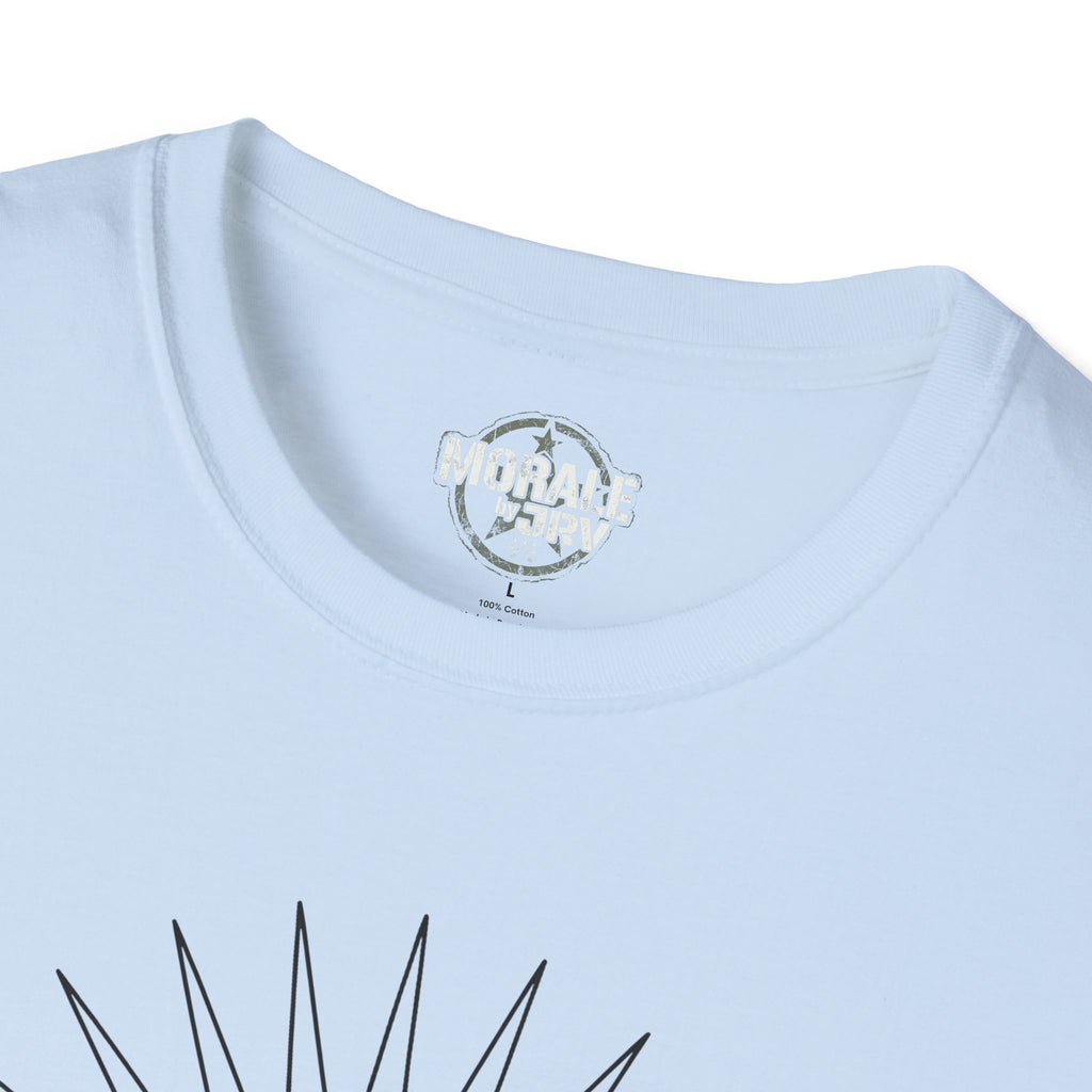 Light blue crewneck T-shirt, neckline close-up with small circular logo