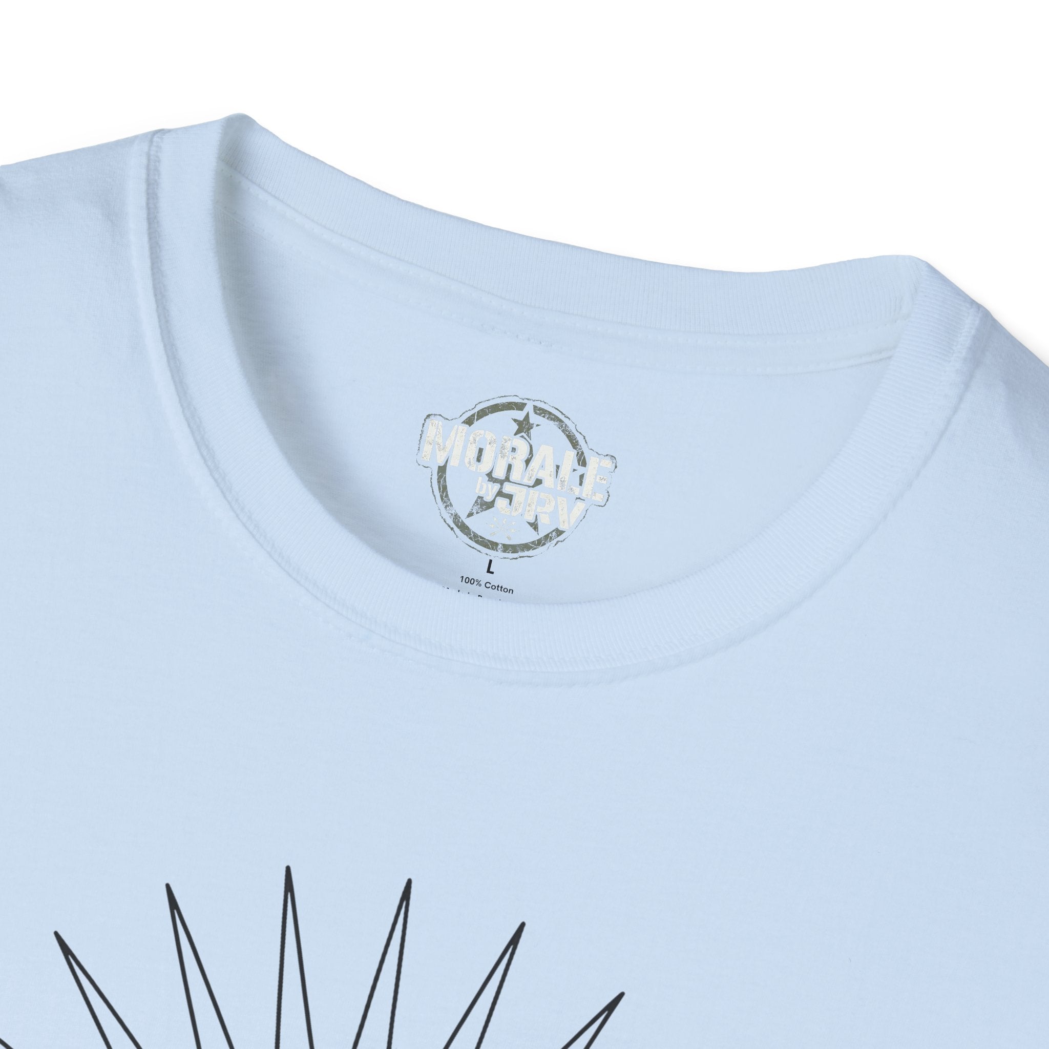 Light blue crewneck T-shirt, neckline close-up with small circular logo