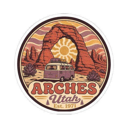 Round sticker depicting red rock arch, a purple camper van, and "ARCHES Utah Est. 1971"