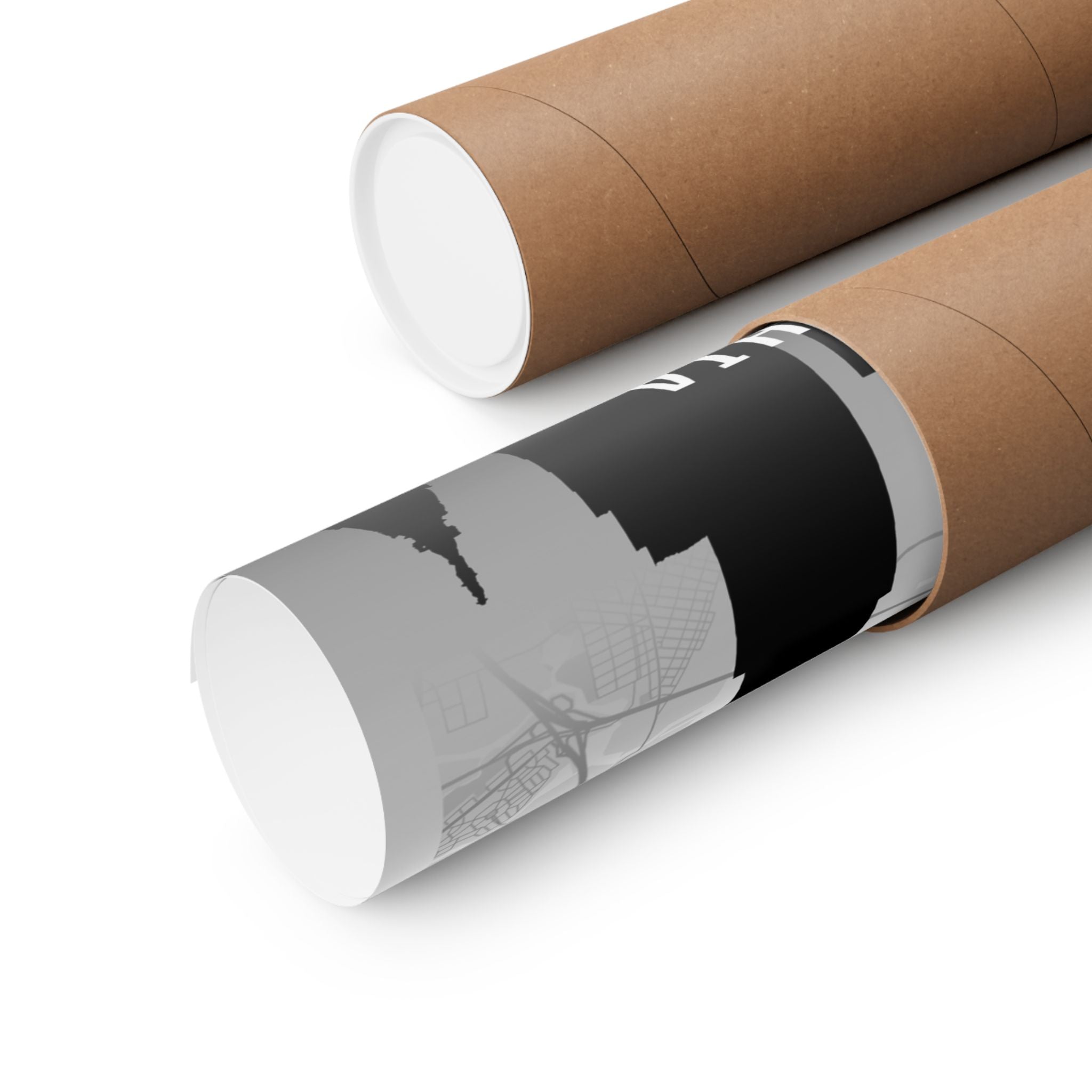 Rolled matte poster tube with black skyline and Philadelphia map design