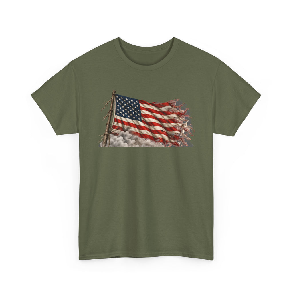 Military green short-sleeve crewneck T-shirt with weathered waving American flag graphic