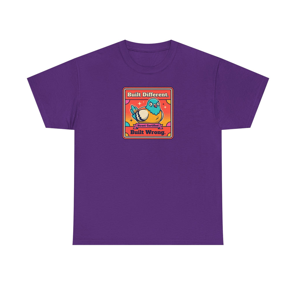 Purple t-shirt with framed bird graphic, 'Built Different' and 'Built Wrong' text.