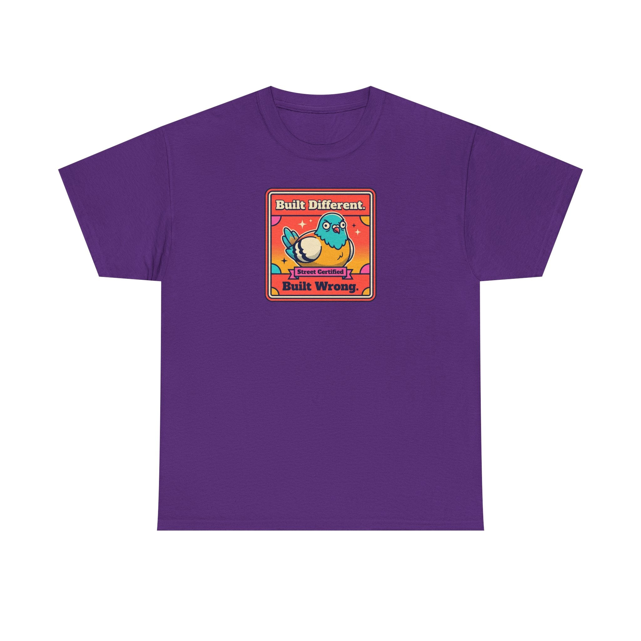 Purple t-shirt with framed bird graphic, 'Built Different' and 'Built Wrong' text.