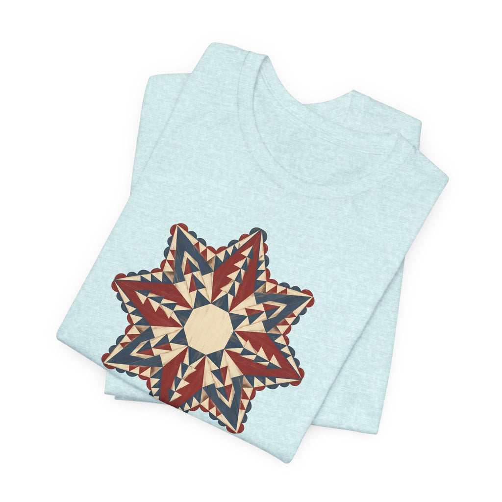 Light blue short-sleeve crew-neck graphic tee with southwestern star mandala print.