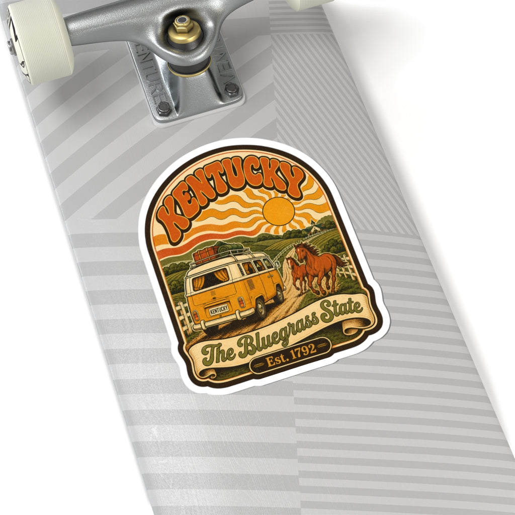 Kentucky retro van and horse sticker on light gray fabric