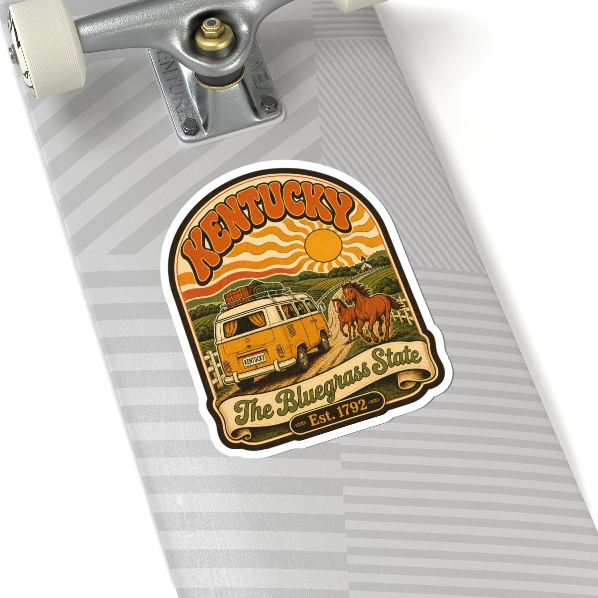 Kentucky retro van and horse sticker on light gray fabric