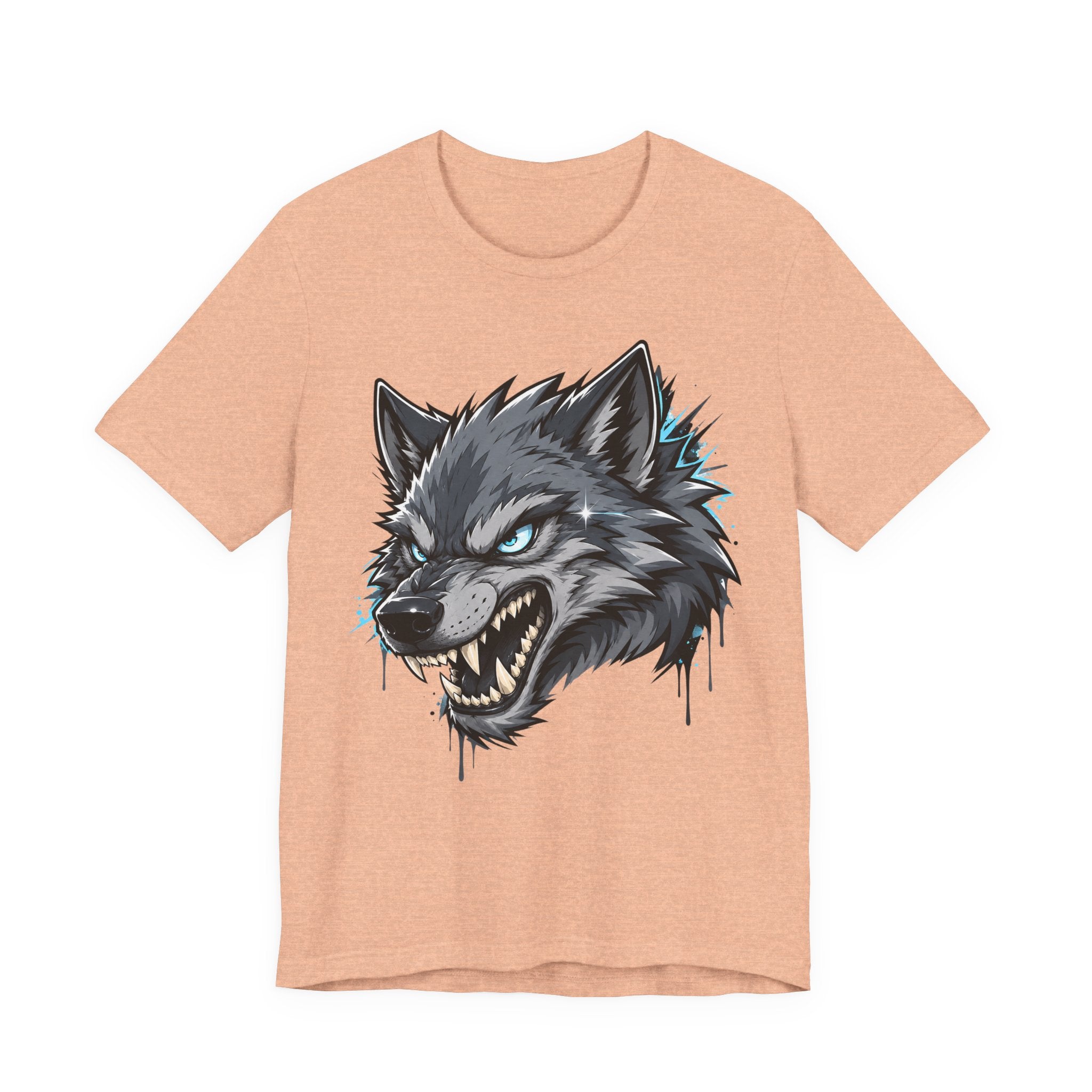 Light tan T-shirt with snarling wolf head graphic, blue-green accents and ink drips.