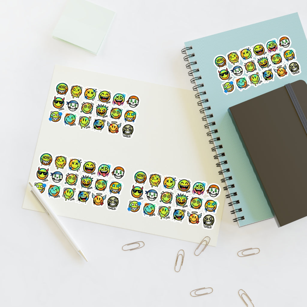 Emoji-Gesichter Stickerbogen, viele kleine Smileys, die-cut