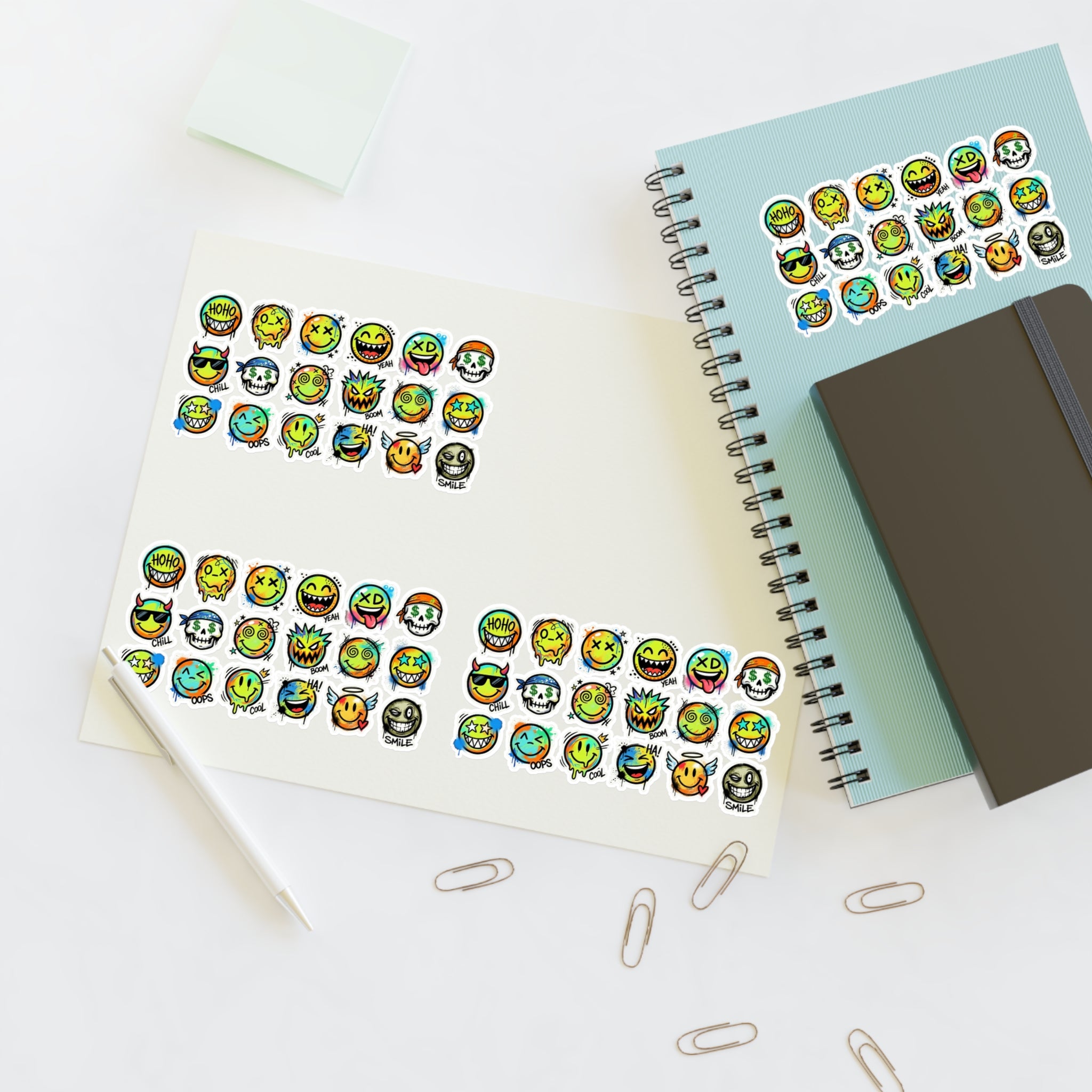 Emoji-Gesichter Stickerbogen, viele kleine Smileys, die-cut
