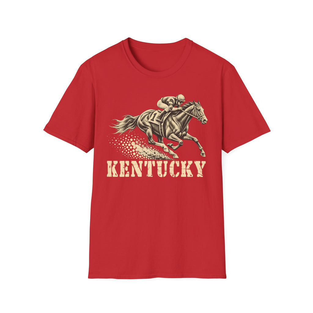 Red t-shirt with jockey on galloping racehorse and 'KENTUCKY' graphic print