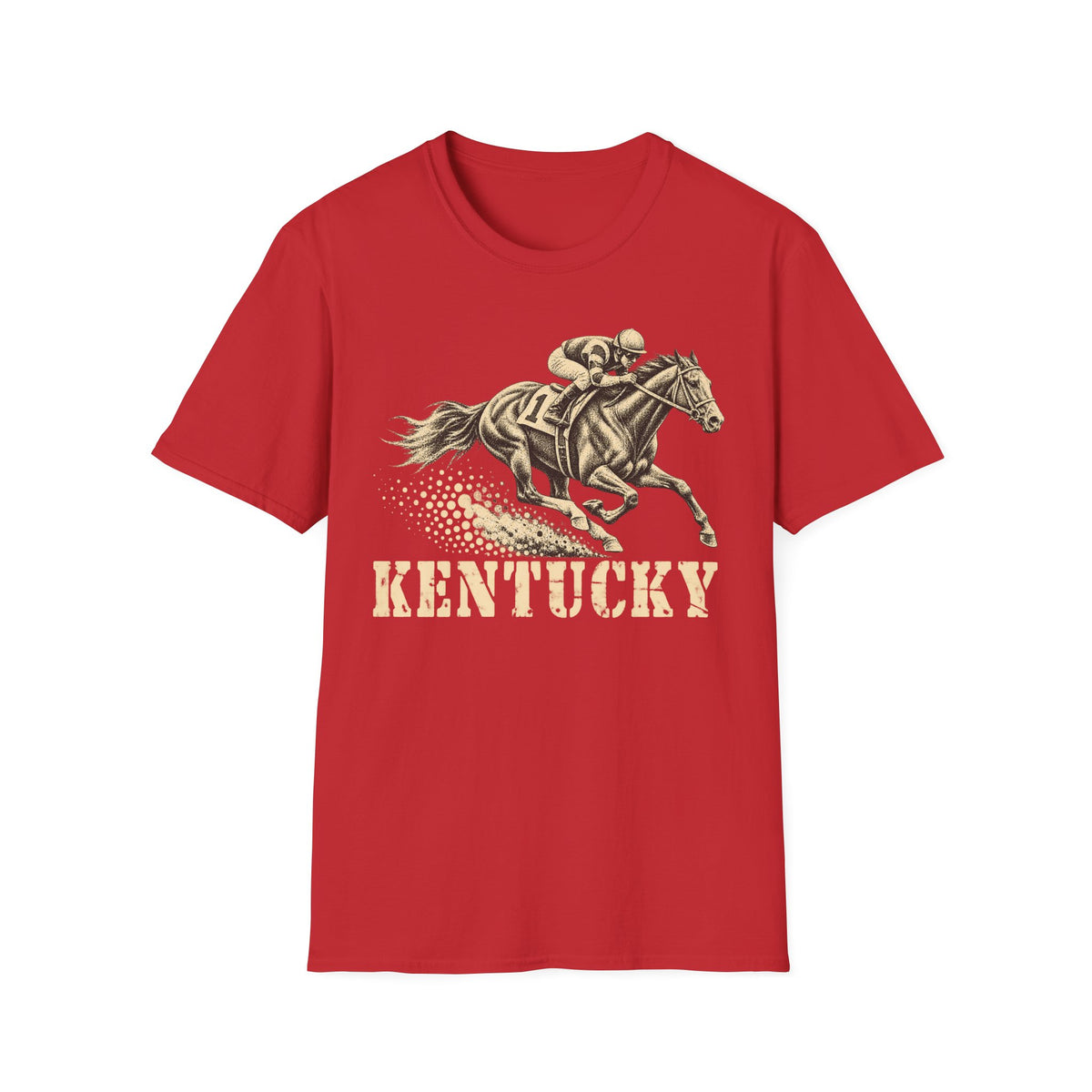 Red t-shirt with jockey on galloping racehorse and 'KENTUCKY' graphic print