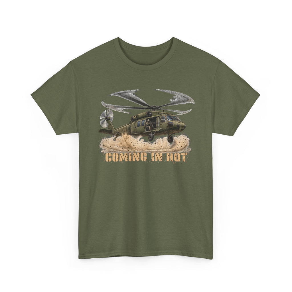 Green crewneck T-shirt with helicopter graphic print