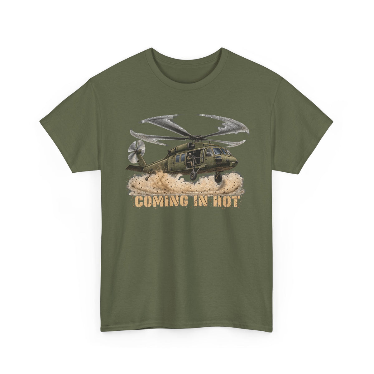 Green crewneck T-shirt with helicopter graphic print