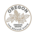Round Oregon grape sticker with grape leaves, beads, and 'OREGON' and 'BEAVER STATE' text