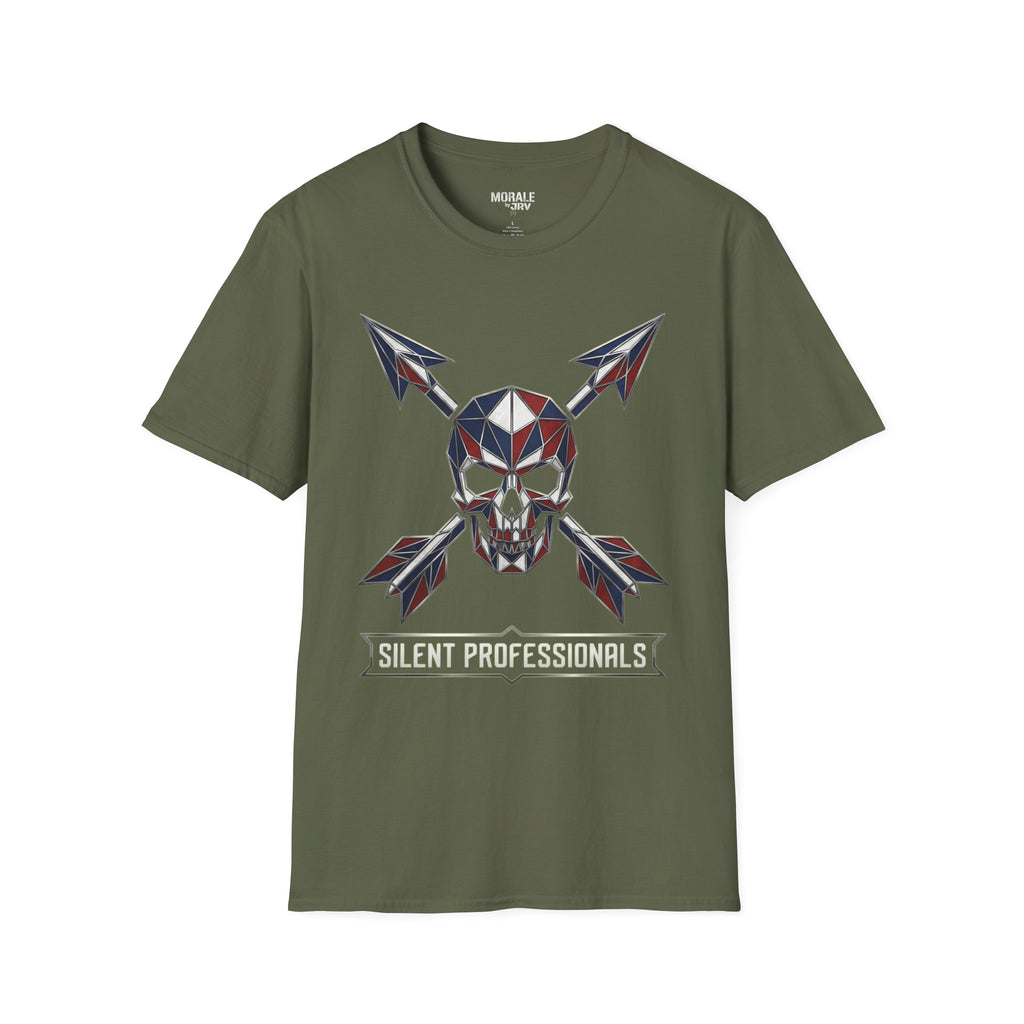 Dark green T-shirt with geometric skull and crossed arrows graphic, Silent Professionals