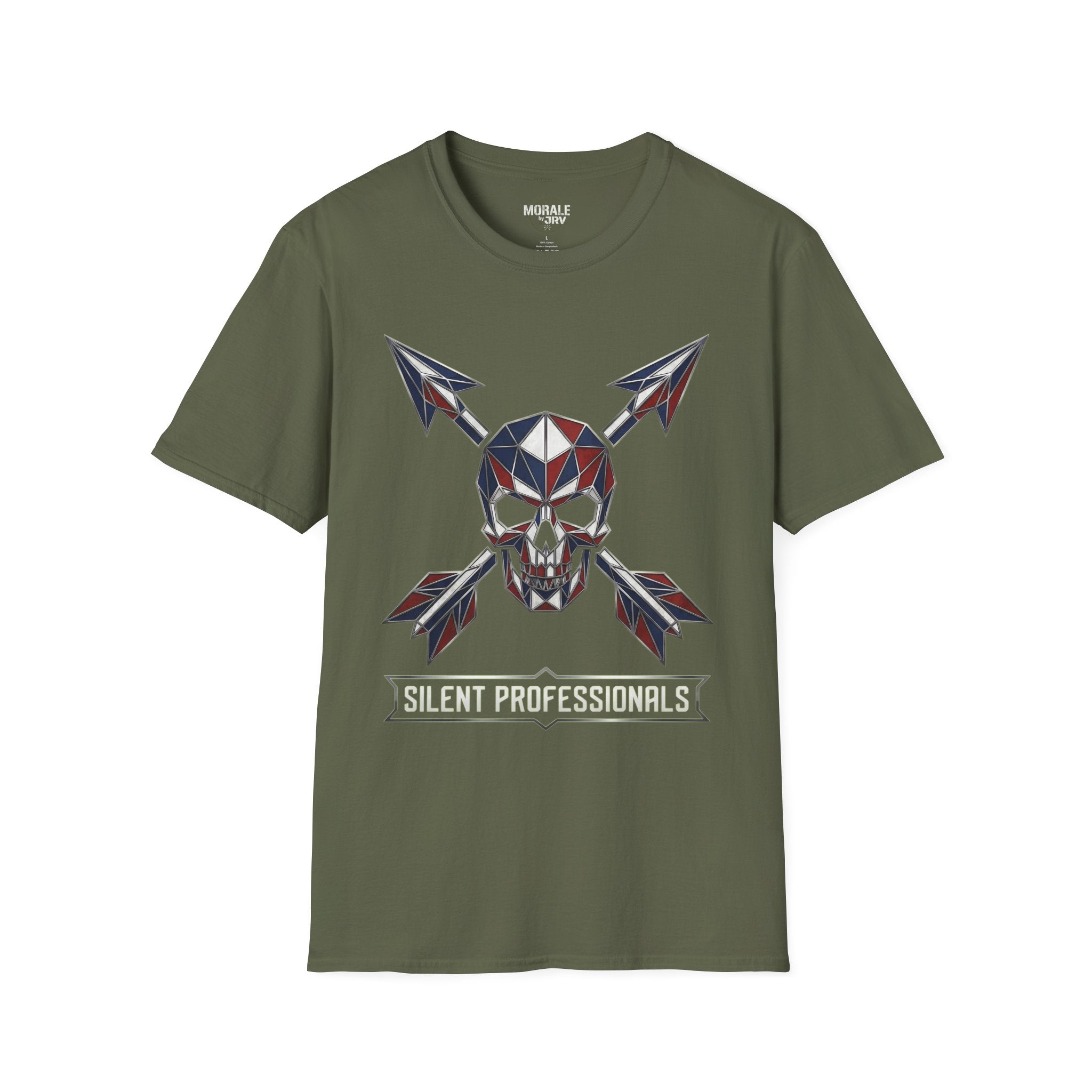 Dark green T-shirt with geometric skull and crossed arrows graphic, Silent Professionals