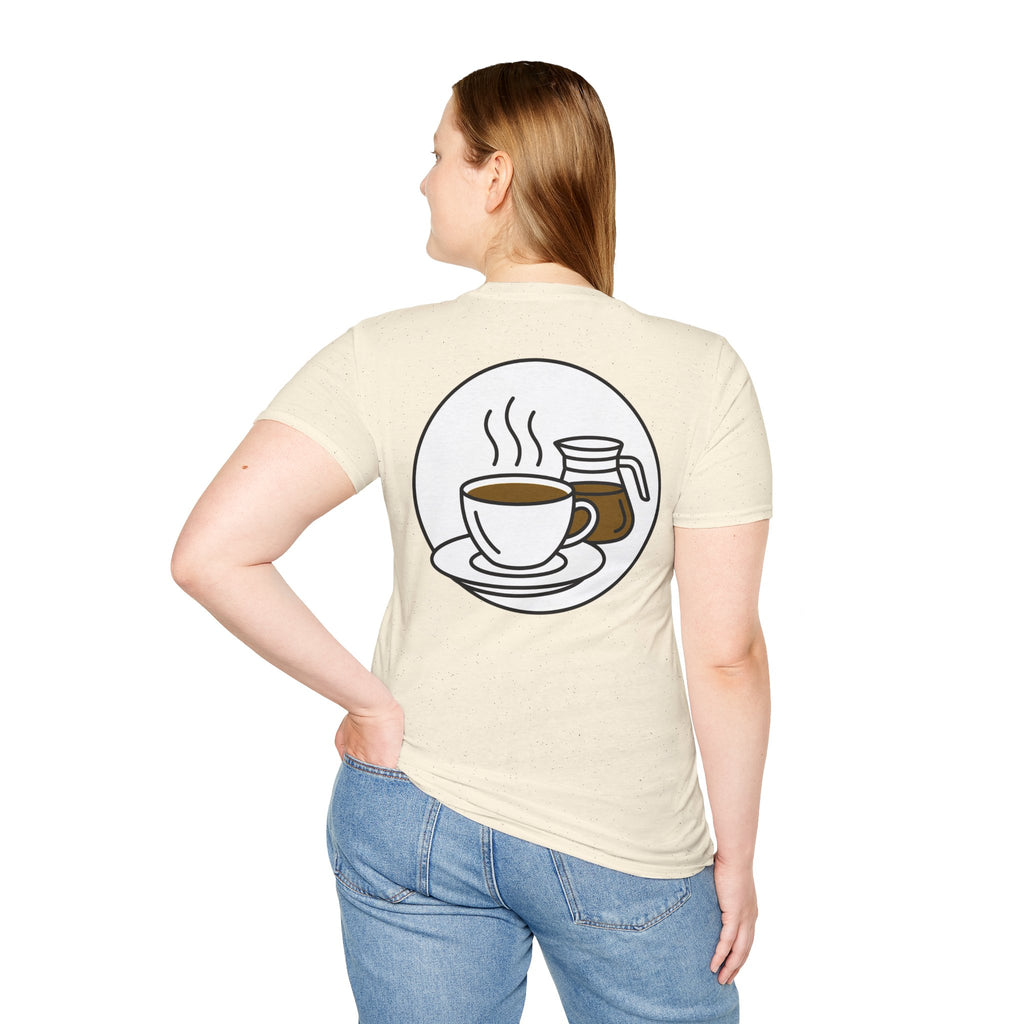 Natural unisex t-shirt with large back graphic of a coffee cup and steam in a circle