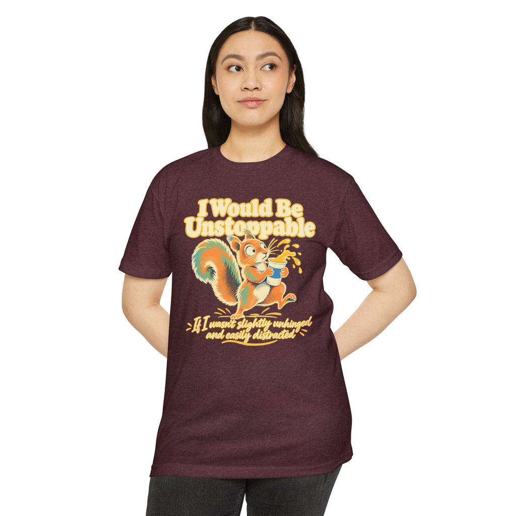 Maroon T-shirt with colorful squirrel graphic and yellow headline text
