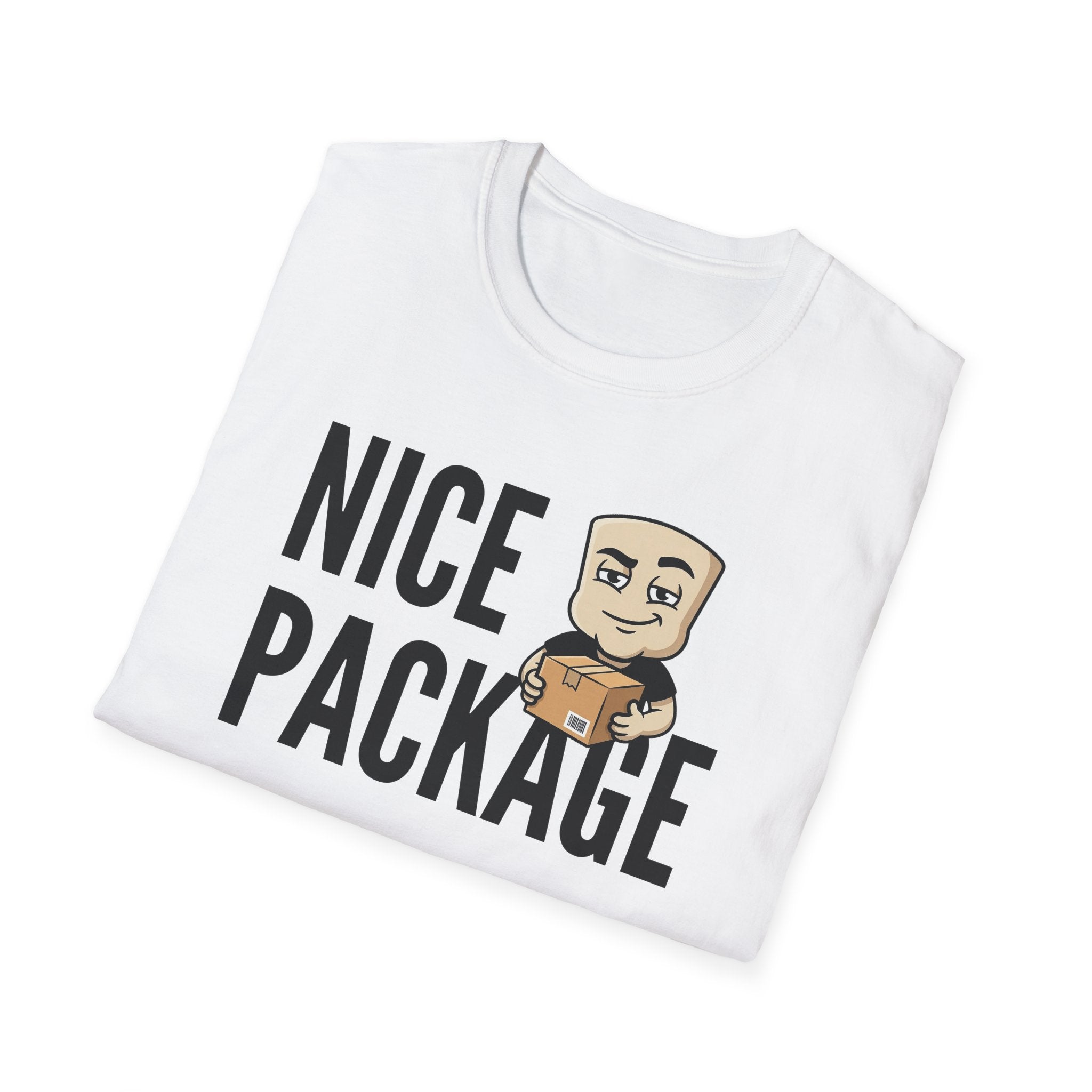 White T-shirt with 'NICE PACKAGE' text and cartoon delivery worker holding a box.