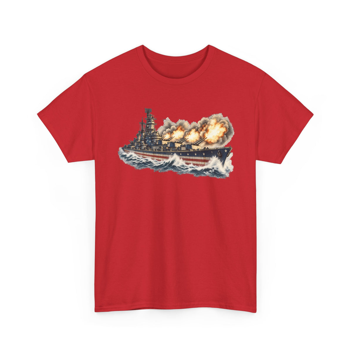 Red crewneck graphic T-shirt with battleship and smoke explosion print