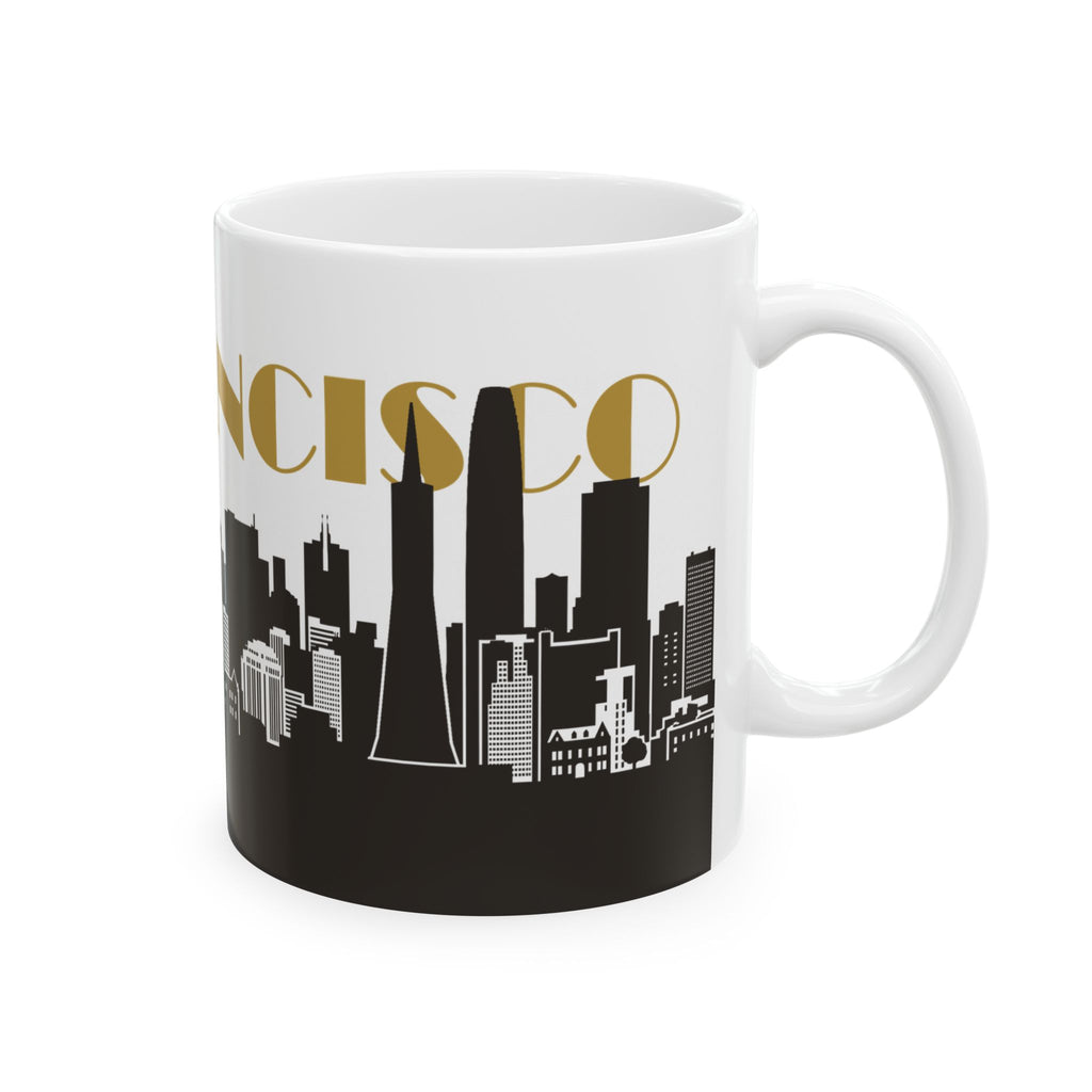 Ceramic mug with 'NCISCO' gold lettering and tall skyline buildings on black base