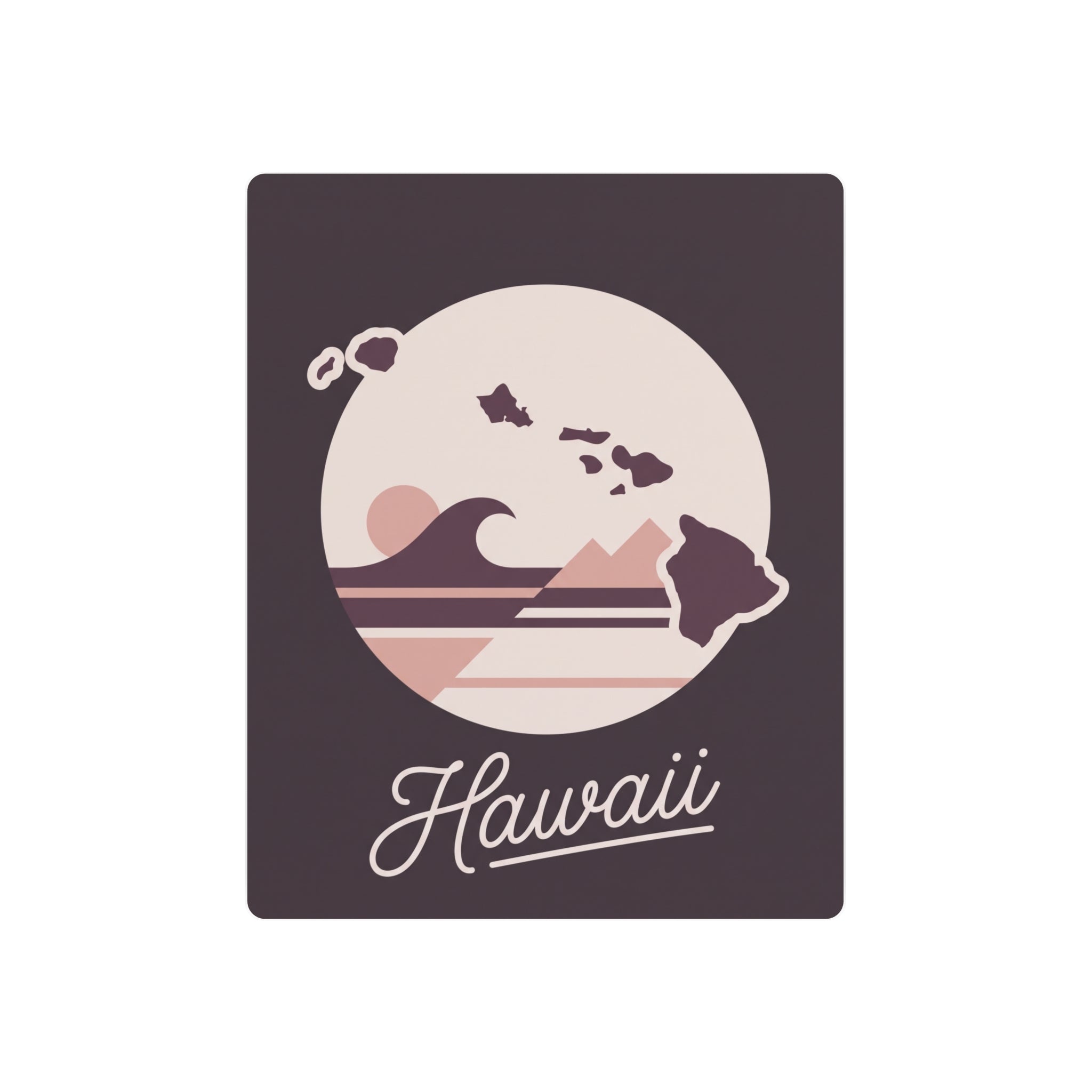 Square metal wall art close-up: circular Hawaii silhouette with waves and cursive 'Hawaii' script